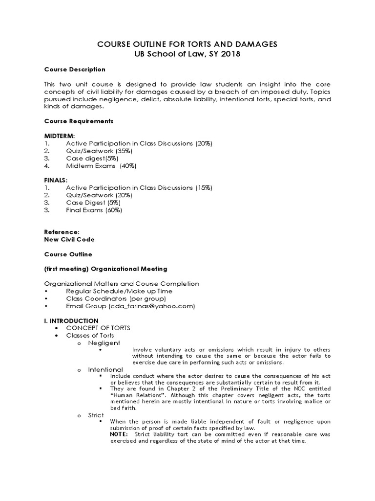 Torts and Damages Course Outline | PDF | Tort | Negligence