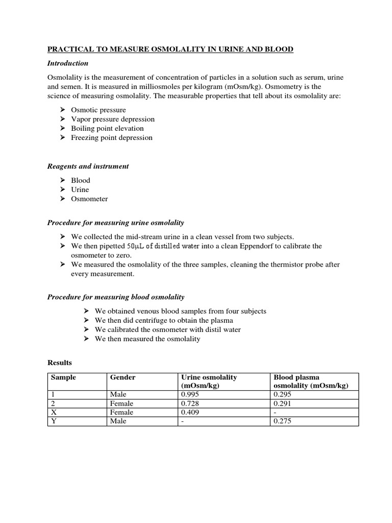 Practical To Measure Osmolality in Urine and Blood PDF Blood