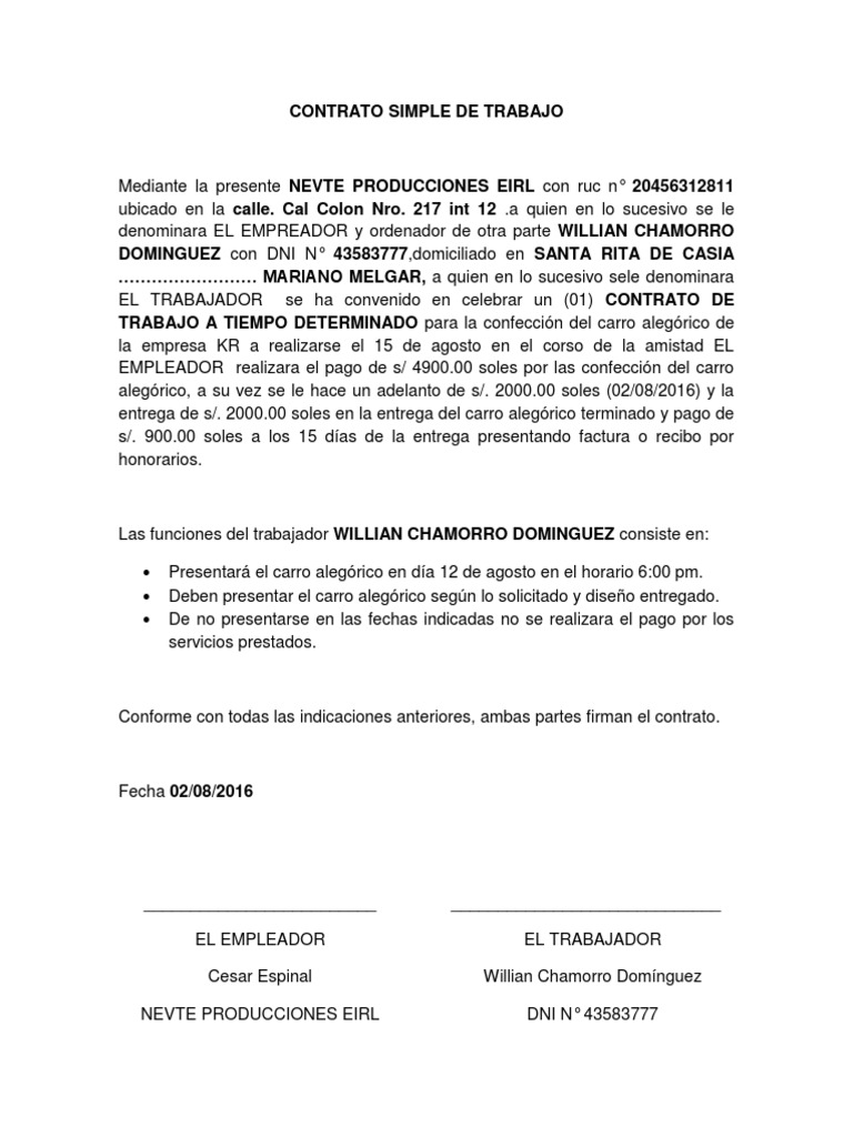 Contrato de Trabajo para Carro Alegórico | PDF