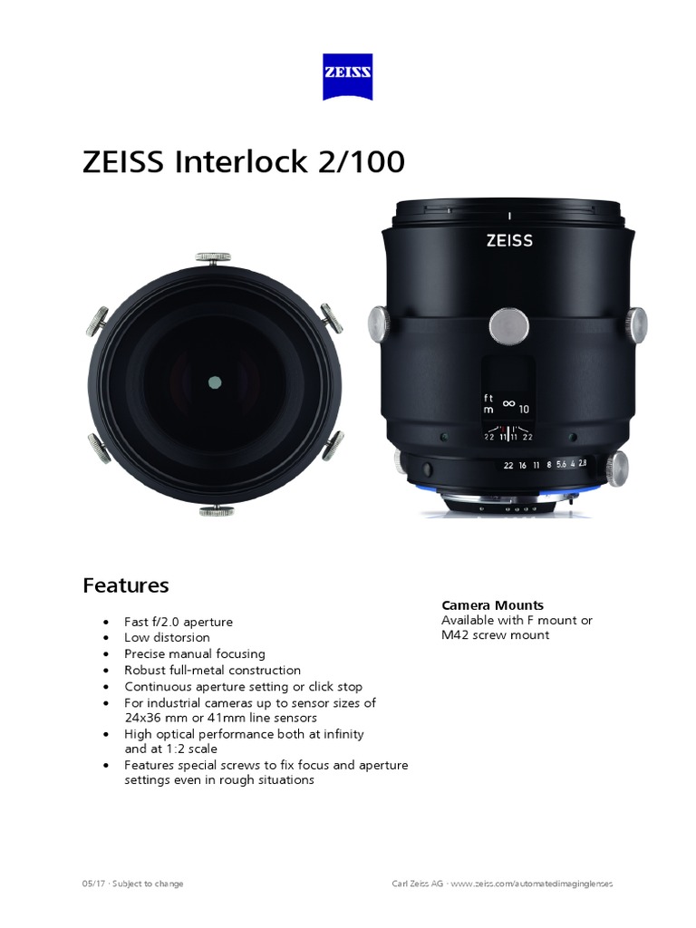ZEISS Interlock 2/100 Lens Specs | PDF | Vision | Photography Equipment
