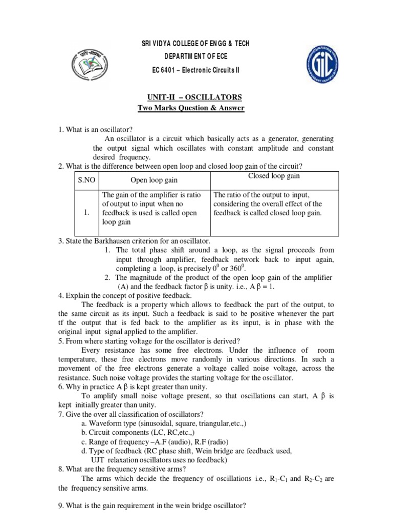UnitIi Oscillators Two Marks Question & Answer Download Free PDF