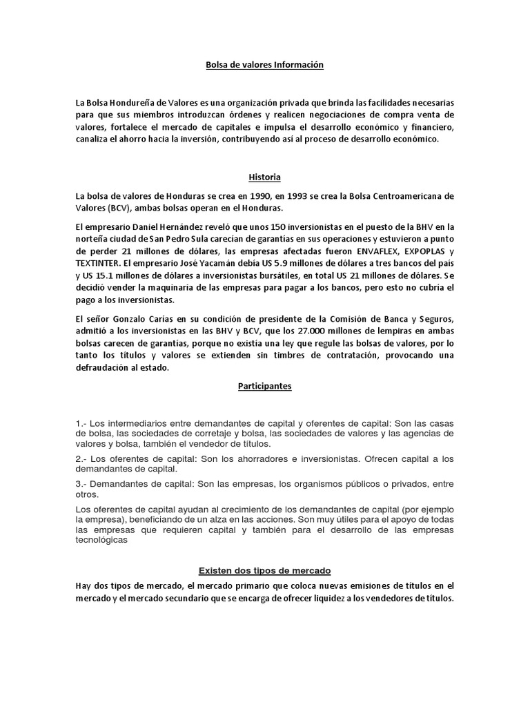 Bolsa de Valores en Honduras: Información Clave | PDF | Bolsa | Bolsa ...