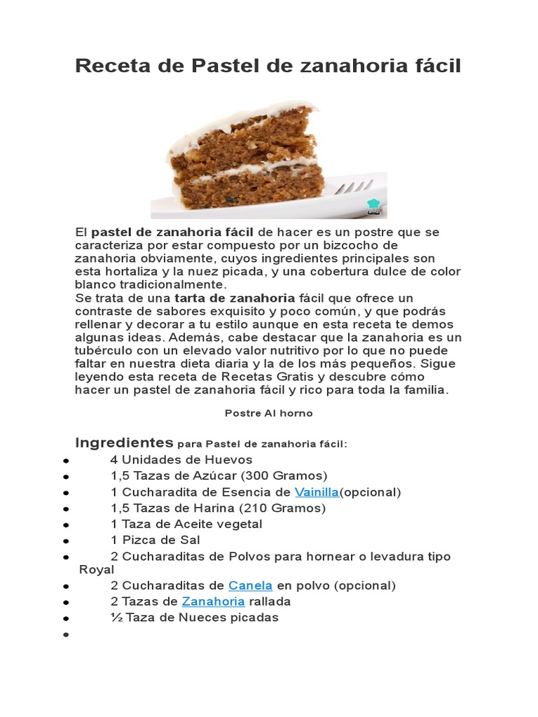 Receta de Pastel de Zanahoria Fácil | PDF | Postres | Pasteles