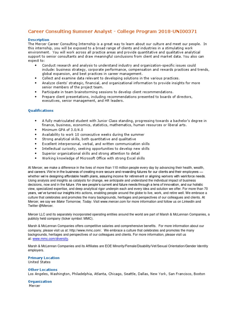Mercer Job Description | PDF | Qualitative Research | Consultant