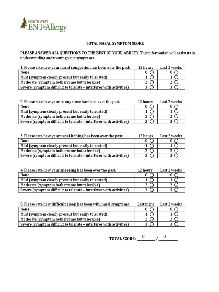 Total Nasal Symptom Score Questionnaire | PDF | Clinical Medicine ...