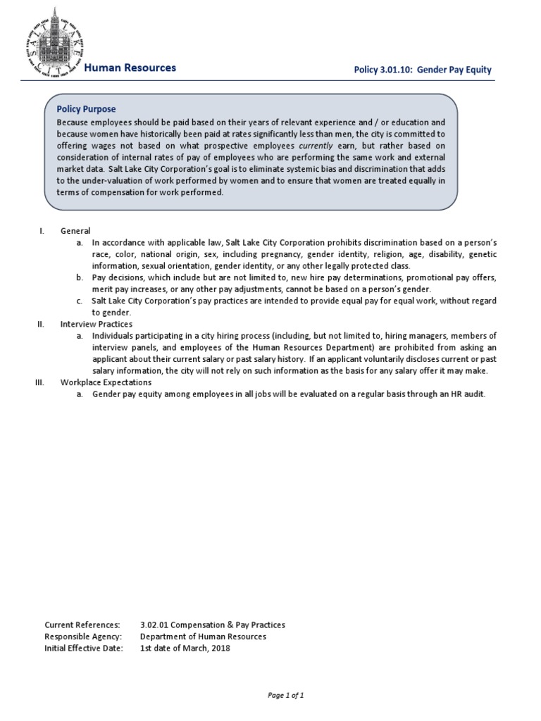Gender Pay Equity Policy Overview | PDF | Equal Pay For Equal Work | Salary