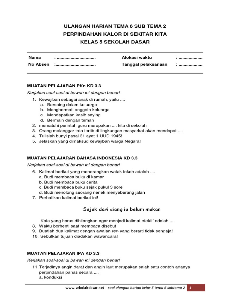 Ulangan Harian Kelas 5 Tema 6 Subtema 2