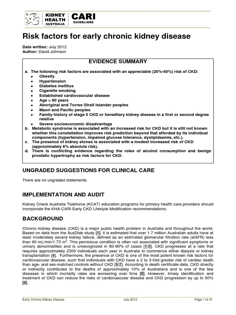 Risk Factors Early CKD PDF | PDF | Chronic Kidney Disease | Renal Function