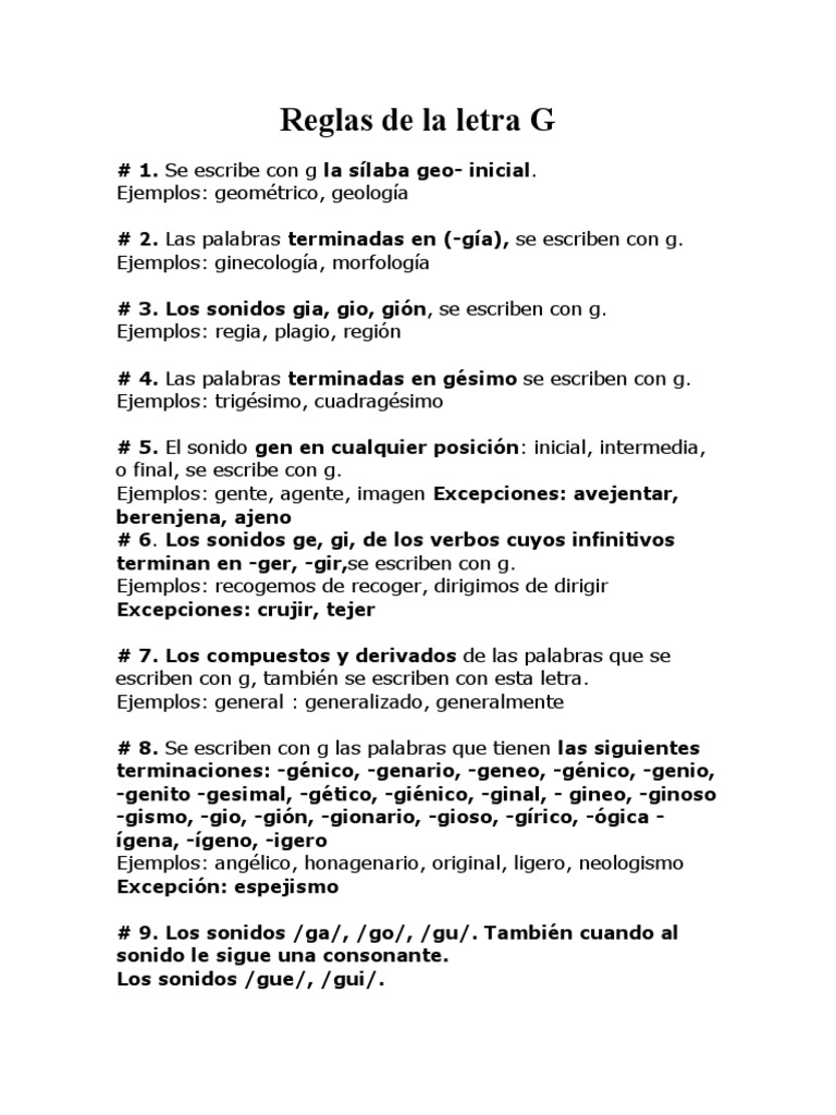 Reglas de La Letra G Palabra Verbo
