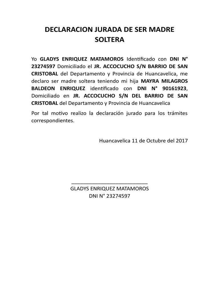 Declaracion Jurada de Ser Madre Soltera | PDF