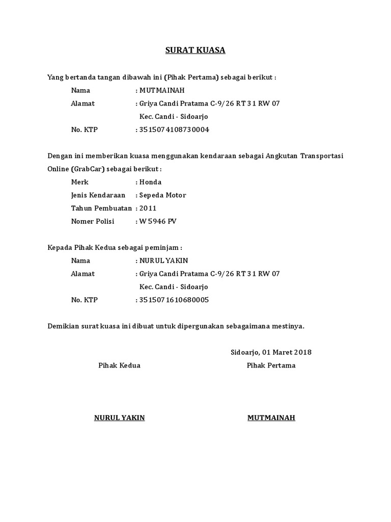 Surat Kuasa Grabcar