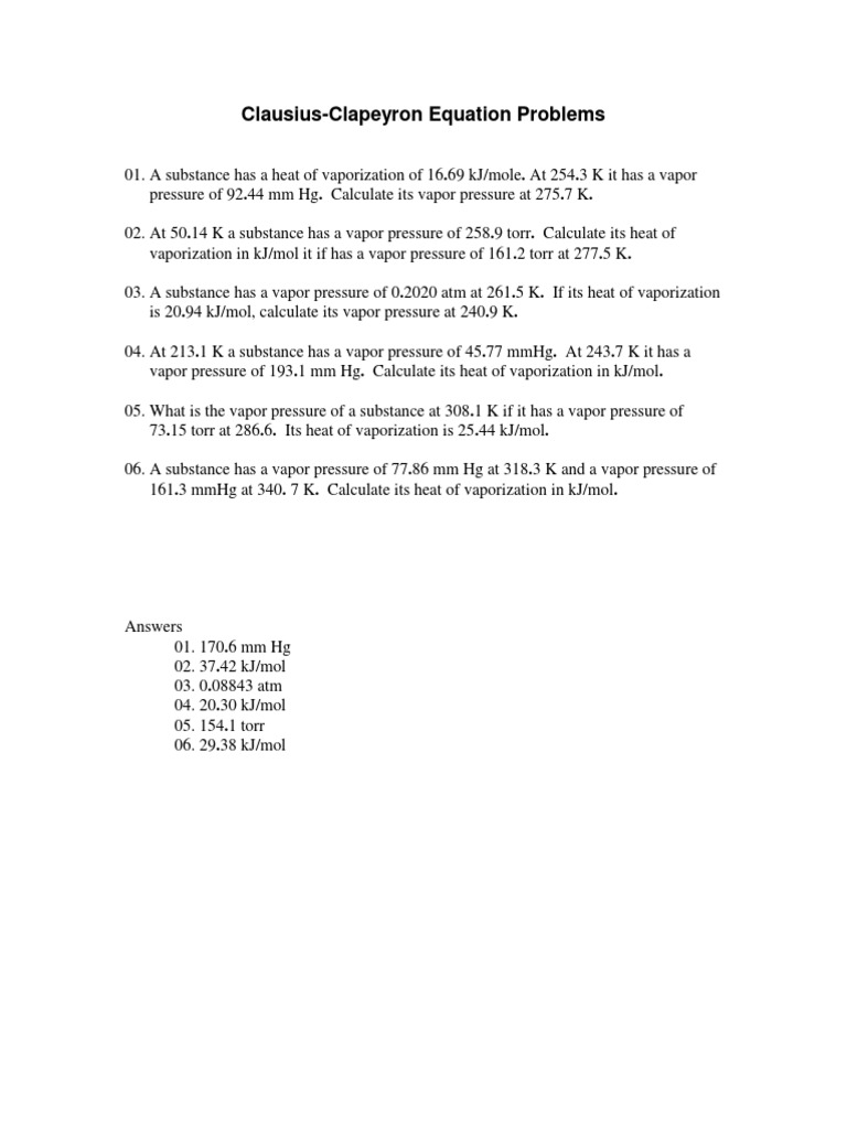 Clausius-Clapeyron Equation Problems | PDF