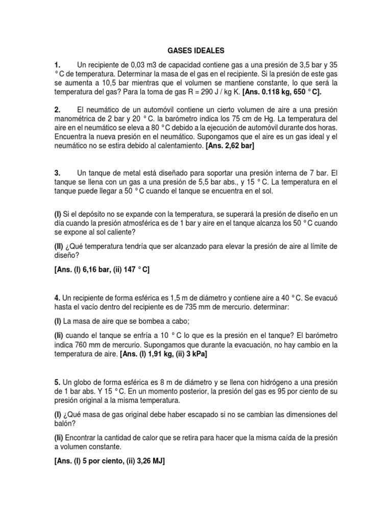 Cálculos de Gases Ideales y Reales | PDF | Gases | Calor