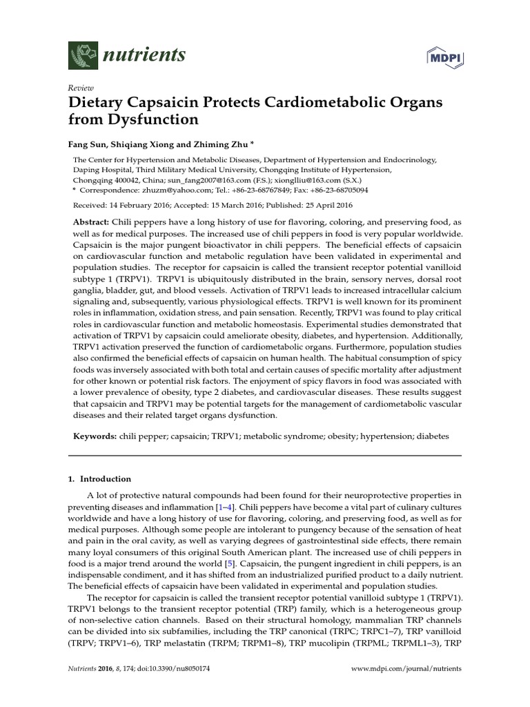 Nutrients Dietary Capsaicin Protects Cardiometabolic Organs From