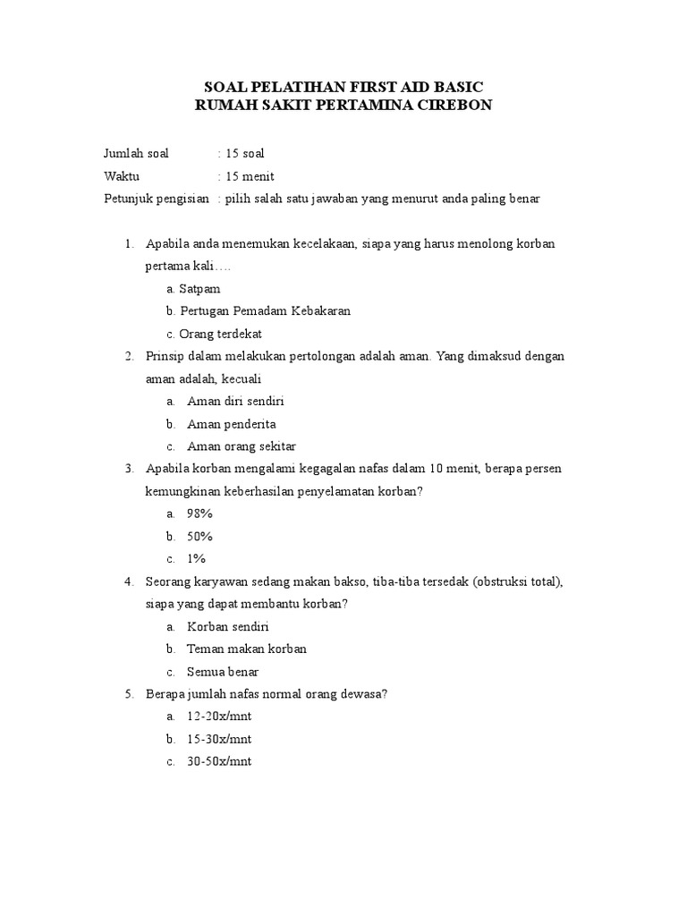 Soal Pelatihan First Aid Basic