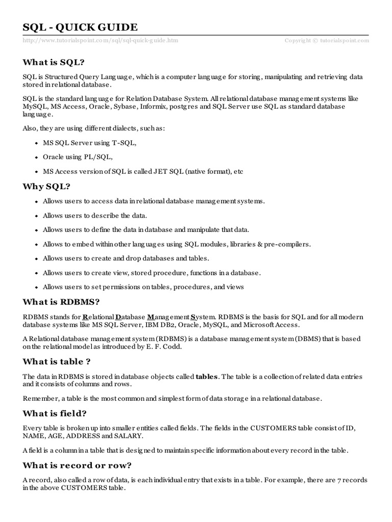 SQL Quick Guide PDF | PDF | Relational Database | Microsoft Access