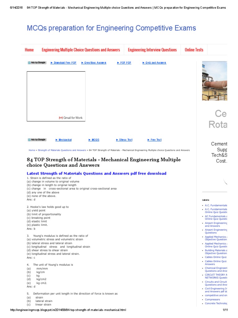 Strength of Materials MCQ PDF Strength Of Materials Stress