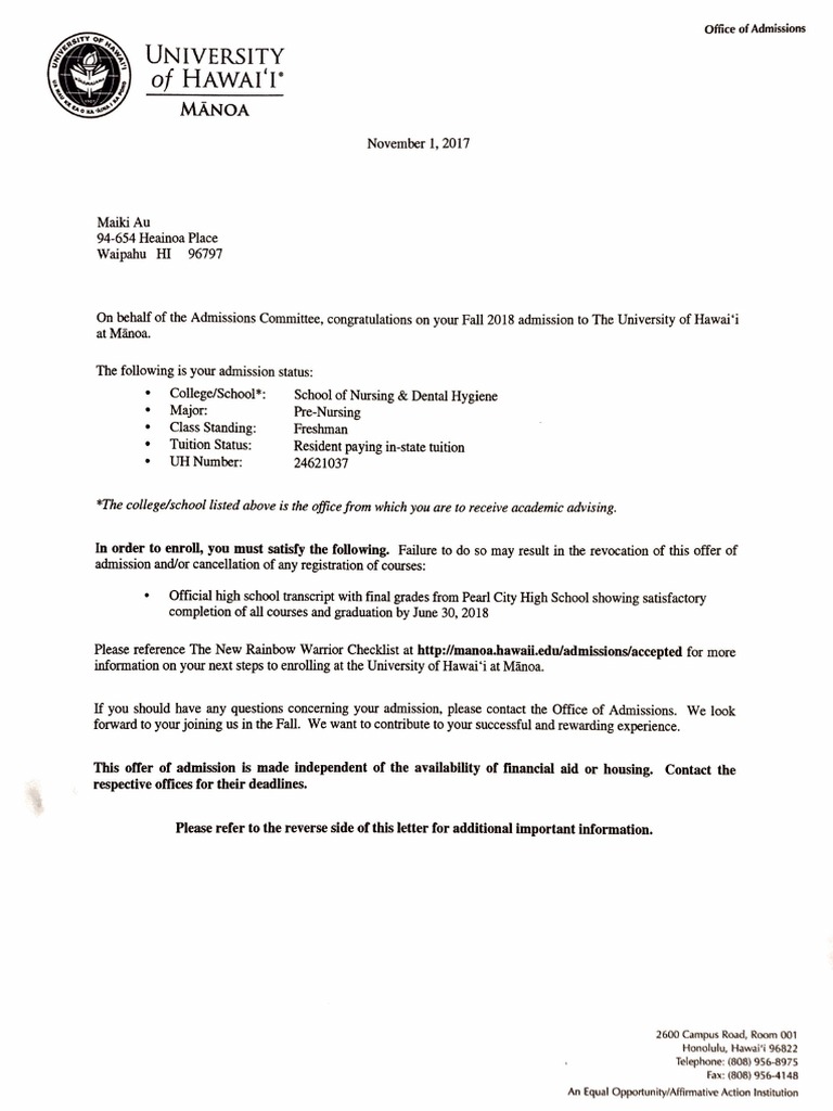 Uh Manoa Acceptance Letter PDF