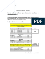 Nuevos Valores Tarifarios Para Transporte Suburbano e Interdepartamental