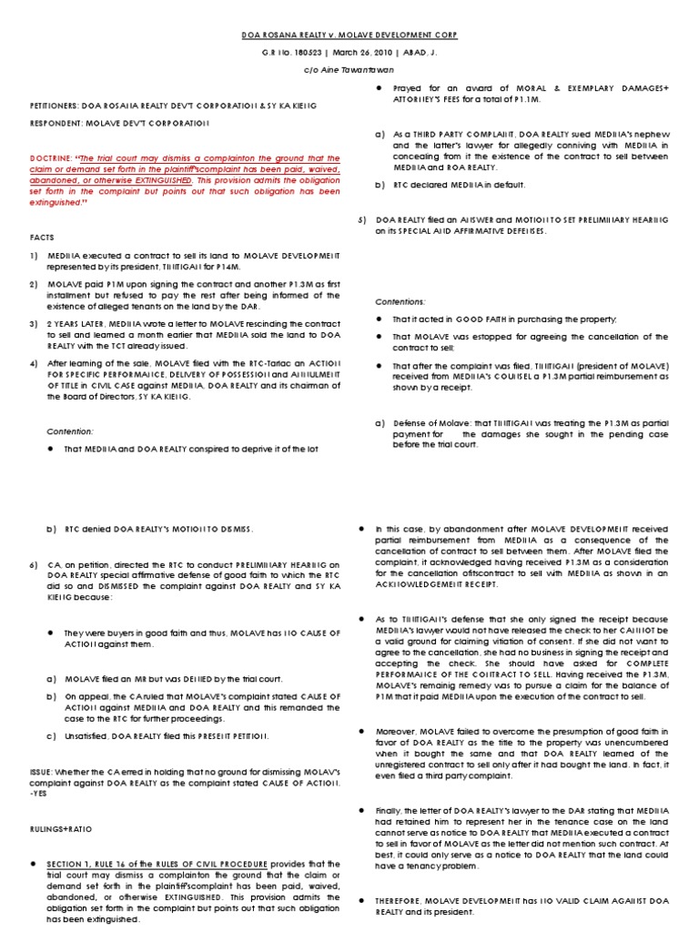 DOA Realty v. Molave Development Case Summary | PDF | Complaint | Cause ...