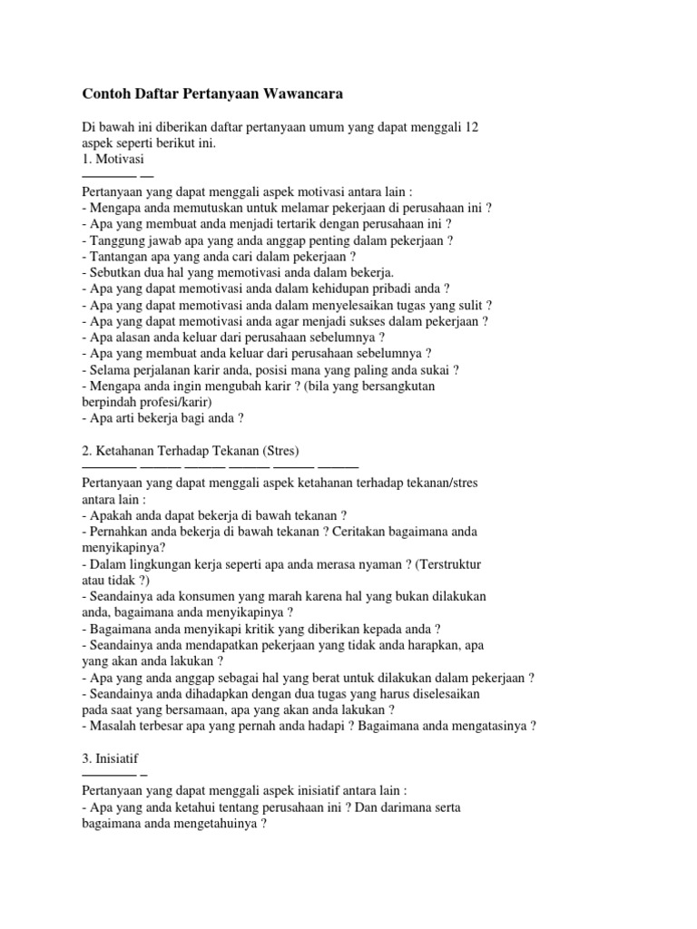 Contoh Daftar Pertanyaan Wawancara | PDF