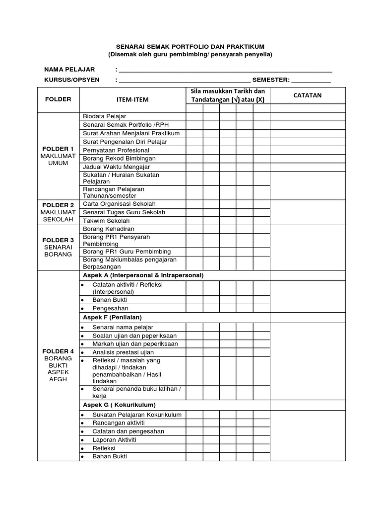 Senarai Semak Portfolio Dan Praktikum Pdf