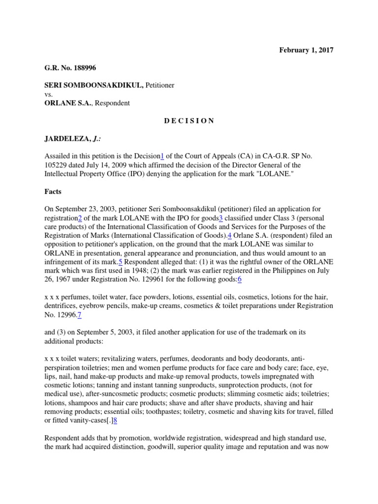 Trademark Dispute: LOLANE vs. ORLANE | PDF | Trademark | Cosmetics