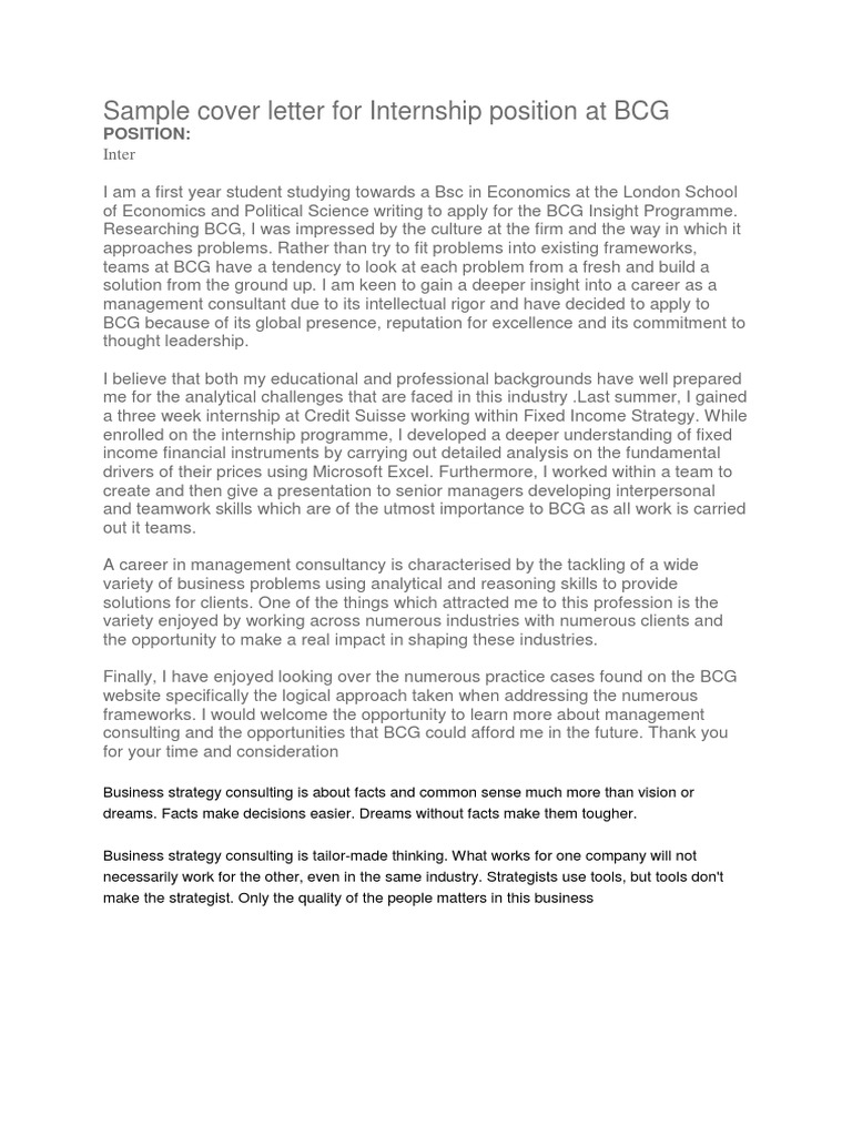 Sample Cover Letter For Internship Position At Bcg Strategist Strategic Management