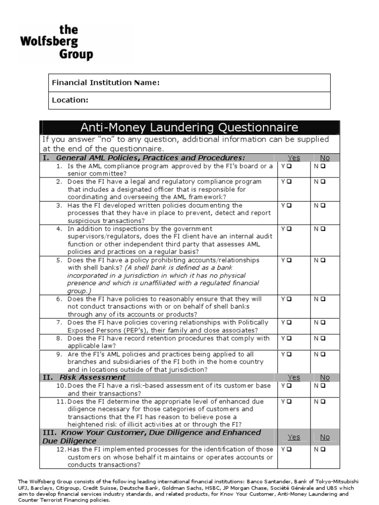 Aml Questionnaire 2008 2 Money Laundering Government
