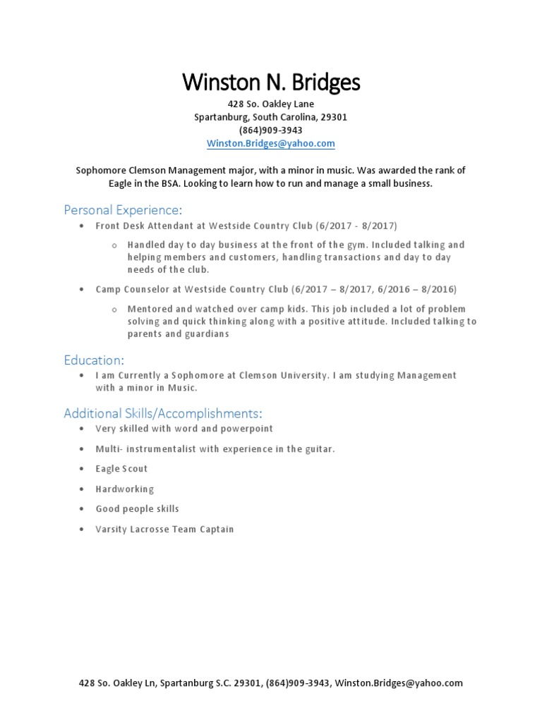 Clemson Management Major Resume | PDF