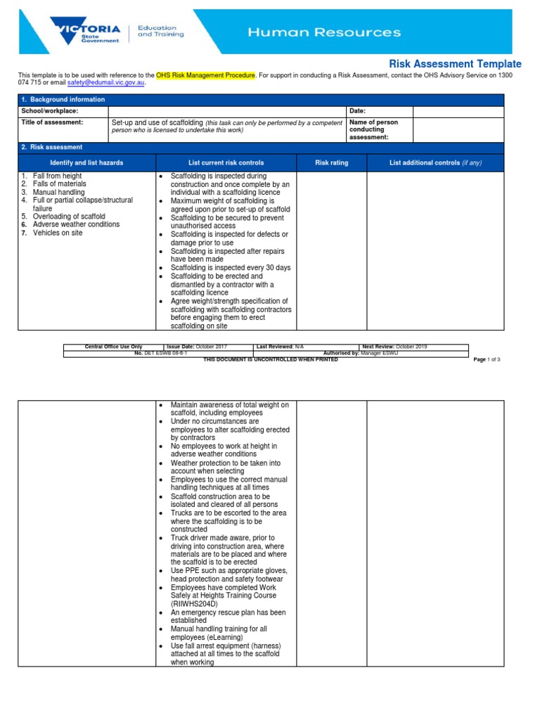 Scaffolding Risk Assessment Risk Assessment Risk