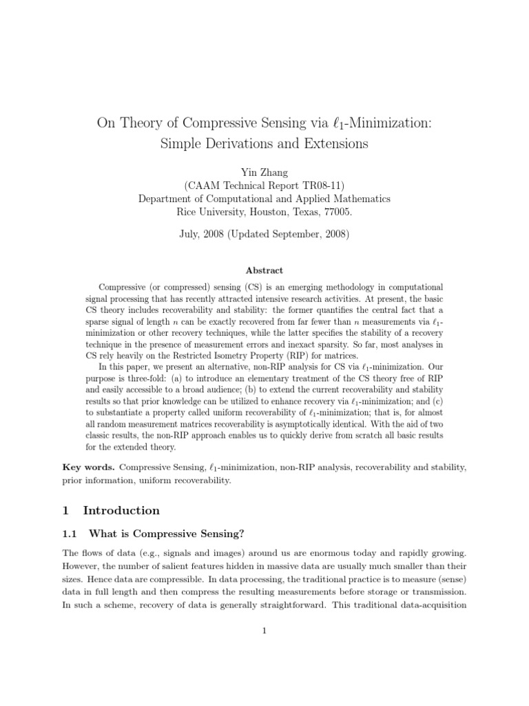 Compressive Sensing via ℓ1-Minimization | PDF | Matrix (Mathematics ...