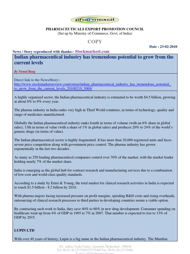 Indian Pharmaceutical Industry Has Tremendous Potential | PDF