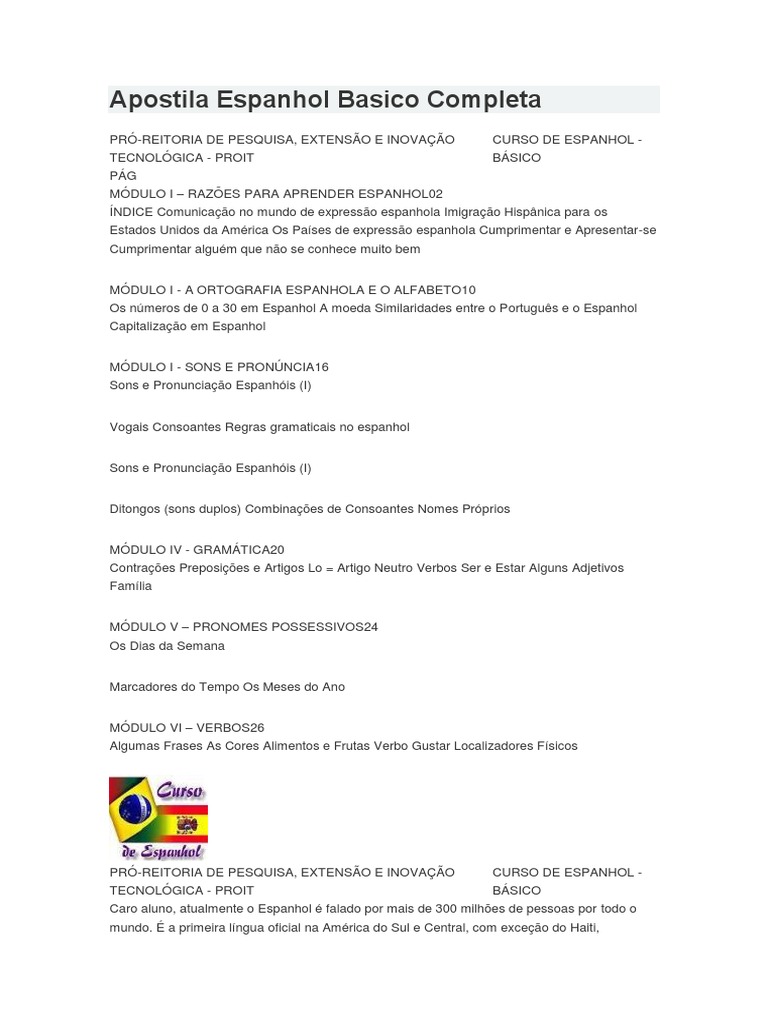 Apostila Espanhol Basico Completa Pdf Espanhol Idioma Português