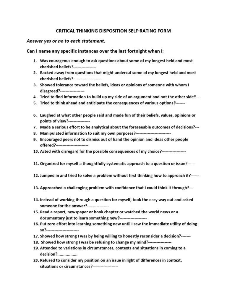 critical thinking disposition self rating form