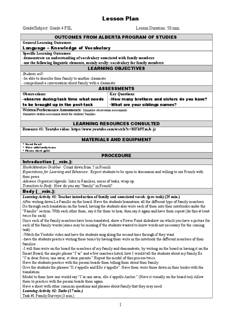 Grade 4 FSL Family Vocabulary Lesson | PDF | Lesson Plan | Vocabulary