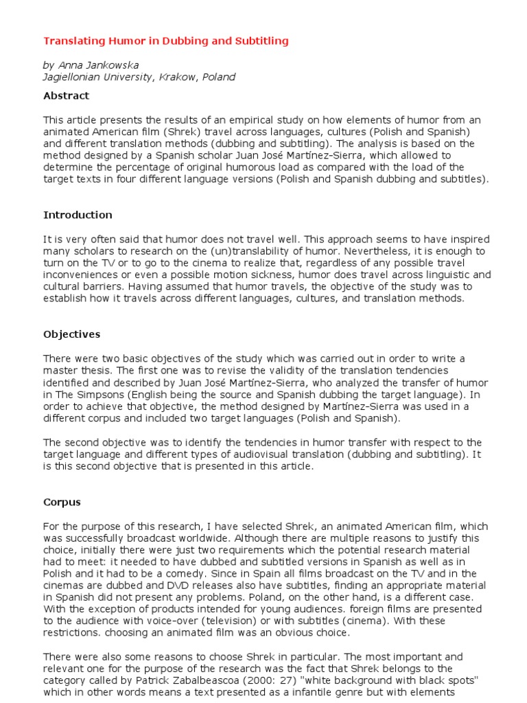 Humor Transfer in Shrek's Translations | PDF | Translations | Applied ...