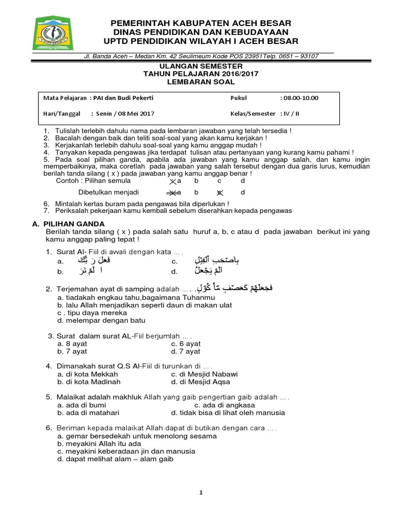 Soal Pai Kls Iv 2017