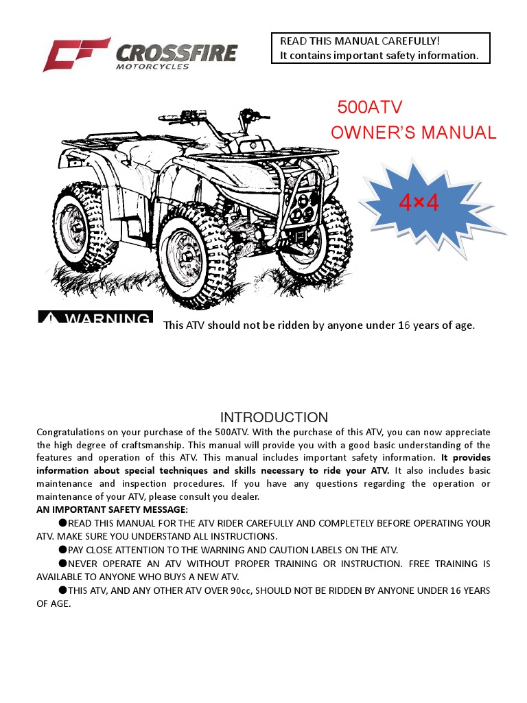 Crossfire Rubicon 500cc ATV Service Manual Throttle Gasoline