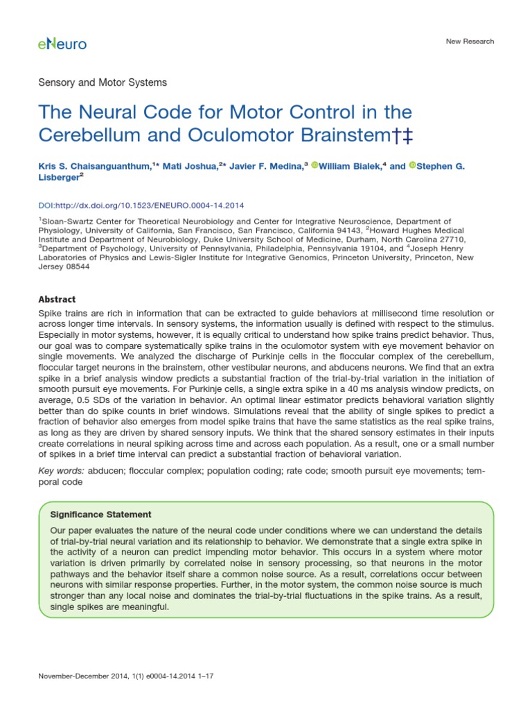 The Neural Code For Motor Control in The Cerebellum and Oculomotor ...