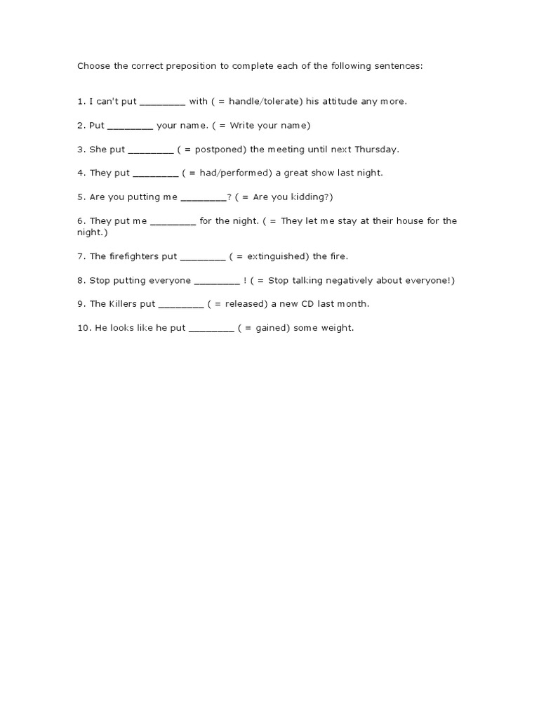 Choose The Correct Preposition To Complete Each of The Following ...
