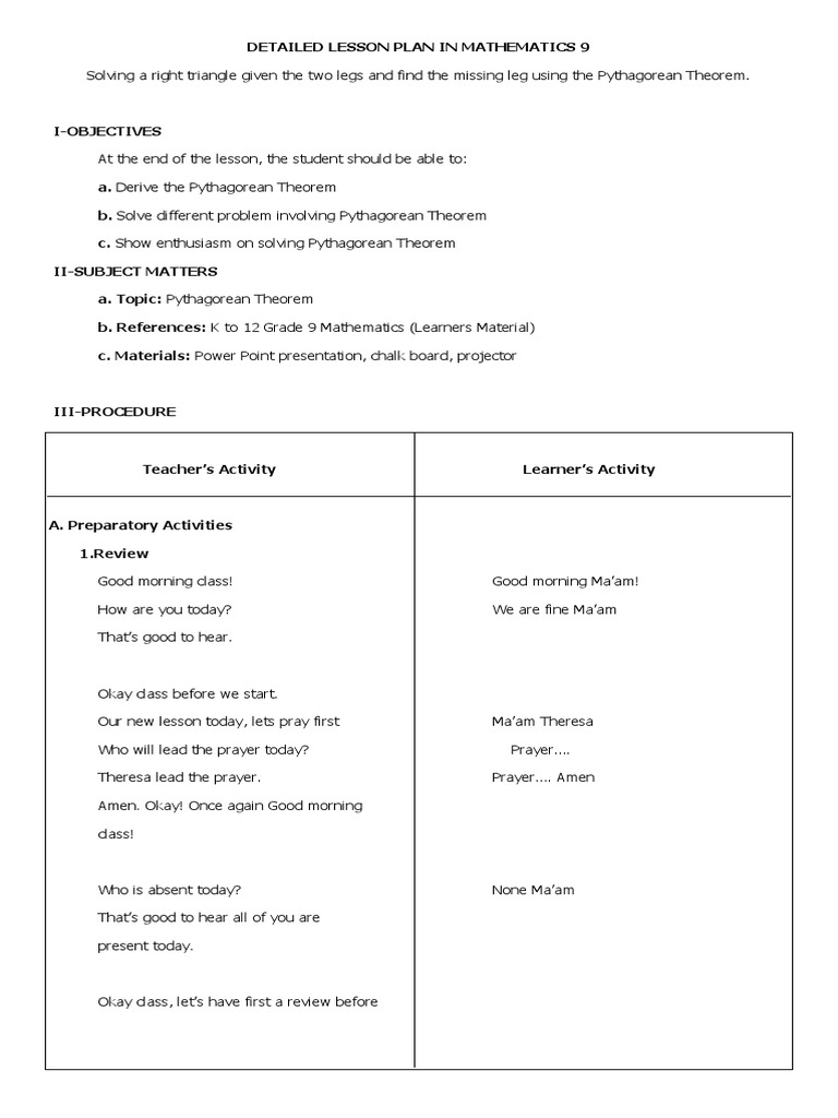 Detailed Lesson Plan in Mathematics 9 | PDF | Geometry | Triangle Geometry