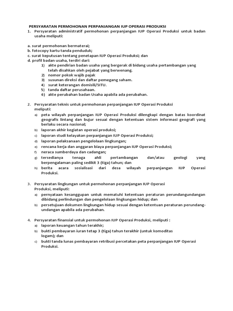 Persyaratan Permohonan Perpanjangan Iup Operasi Produksi