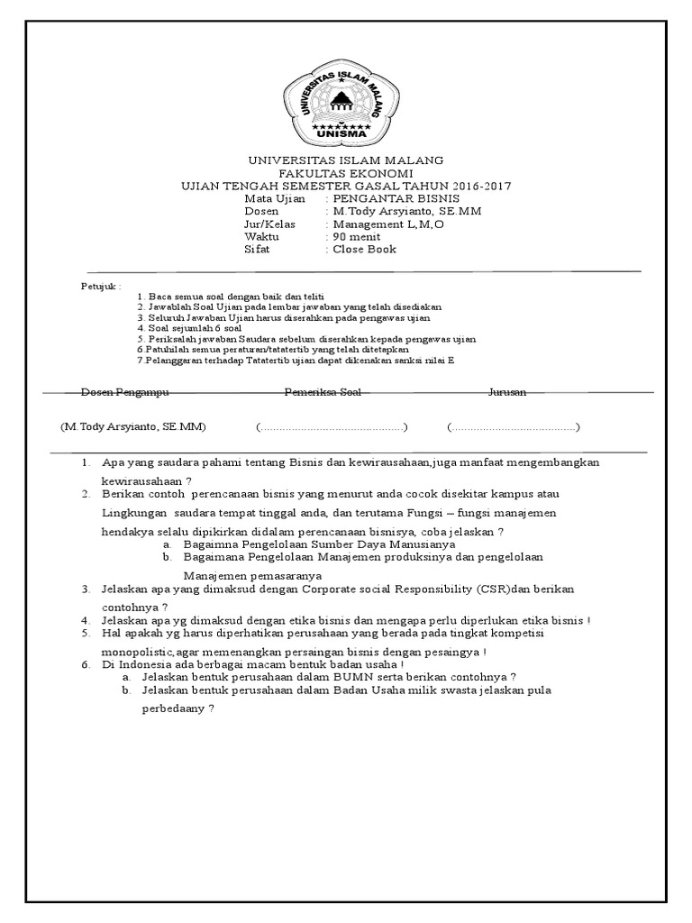 Soal Uts Pengantar Bisnis