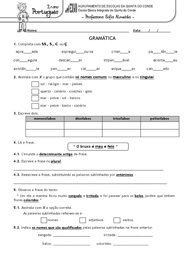 Ficha de Portugues - 2ano PDF | PDF | Morfologia linguística | Linguística