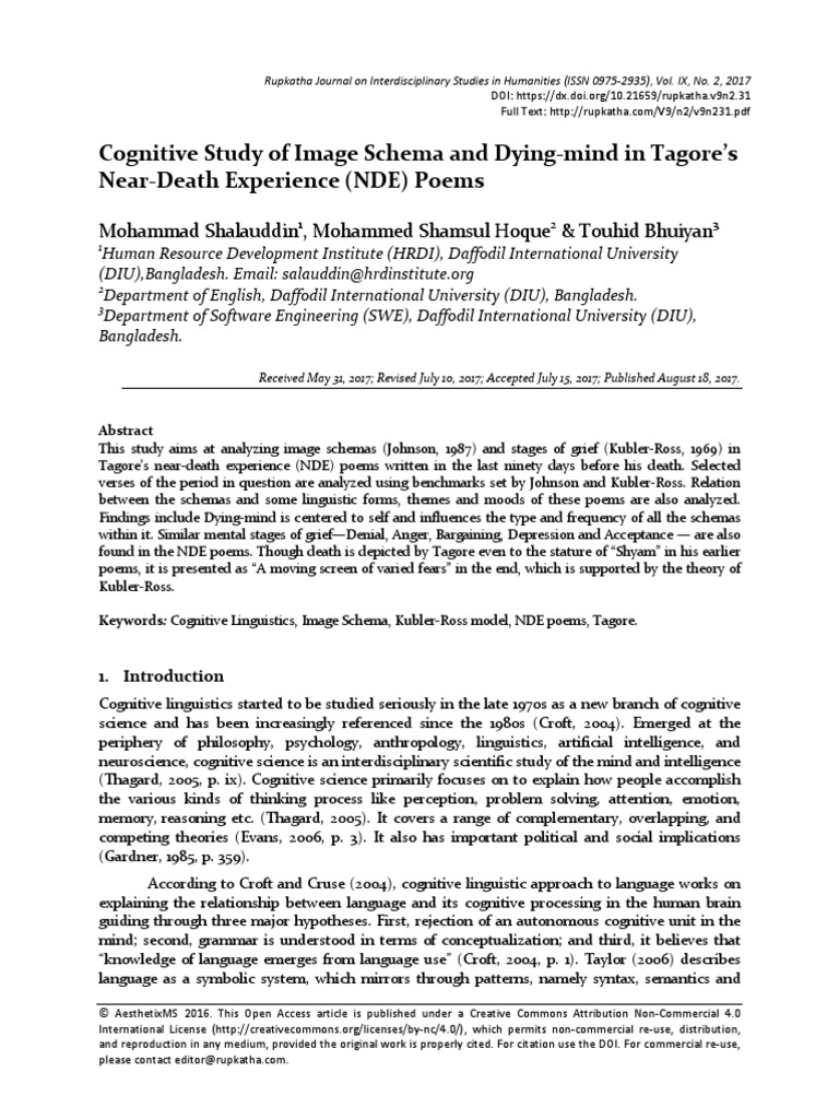 Cognitive Study Of Image Schema And Dying Mind In ore S Near Death Experience Nde Poems Psychology Linguistics