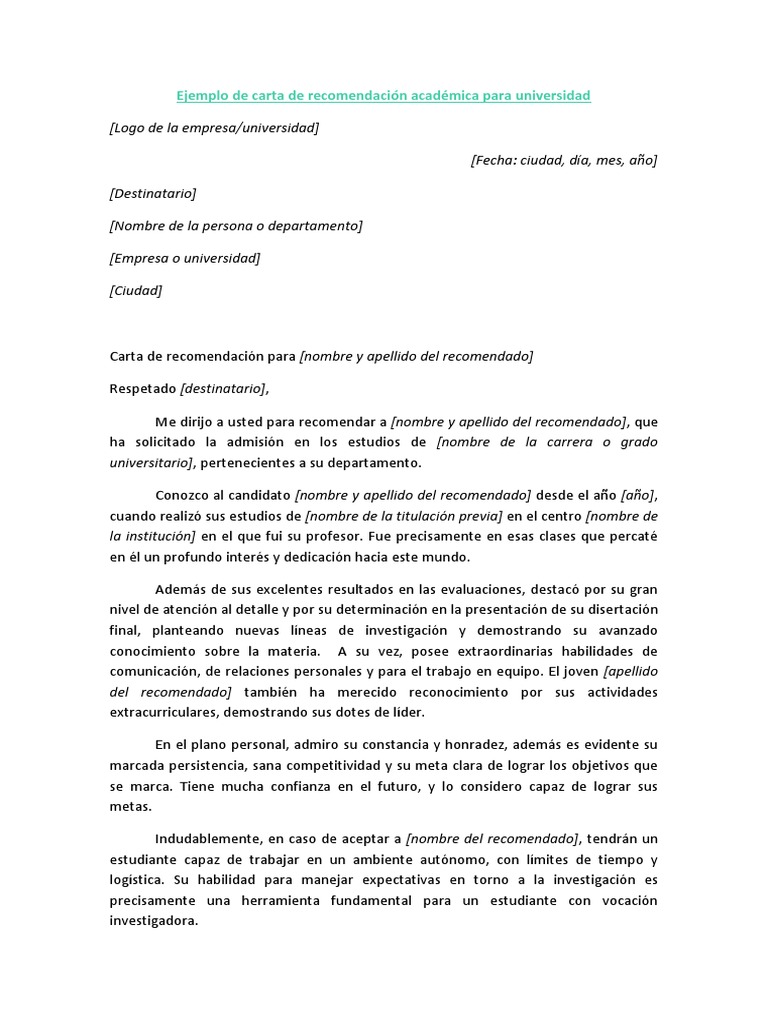 Ejemplo de Carta de Recomendación Académica para Universidad  PDF