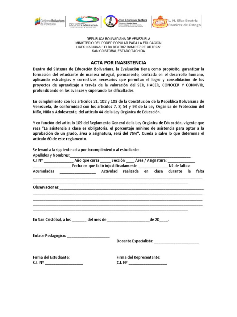 Acta de Inasistencia Escolar en Venezuela | PDF | Cambio | Modificación ...