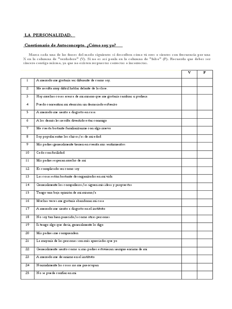 Cuestionario de Autoconocimiento Personal | PDF | Sicología