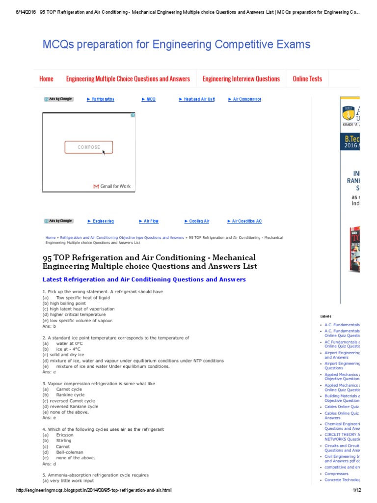 Refrigeration and Air Conditioning MCQ PDF Air Conditioning Refrigeration